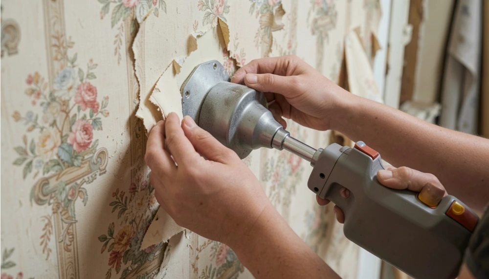 Installer safely removing old wallpaper from a wall
