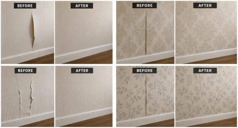 Before and after comparison of a Seattle wall cleaned and prepped for wallpaper installation